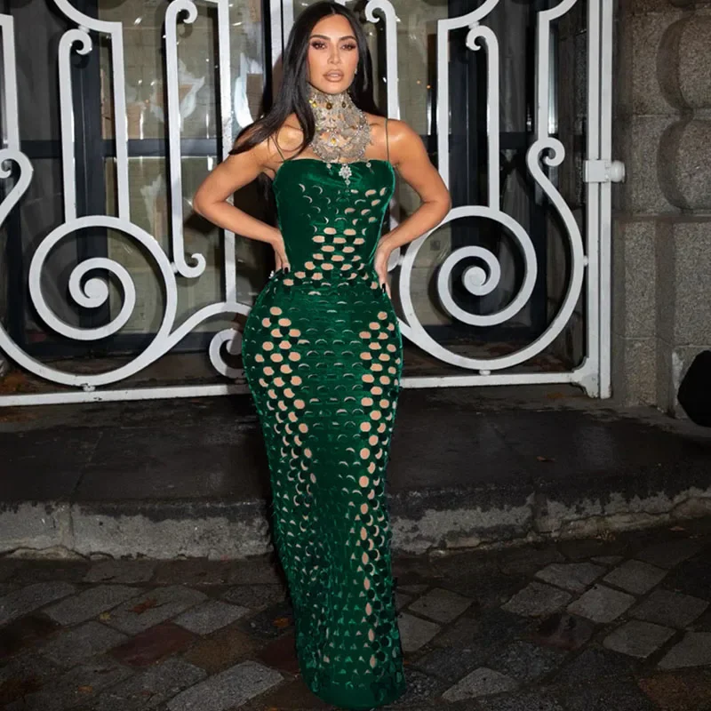 High Street Spaghetti Strap Maxi abiti in velluto per le donne Evening Night Party Celebrity Hollow Out See Through Prom Long Dress