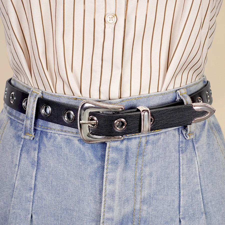 Classic Pu Material Black Belt Retro Hollow Women\'s Belt Punk Y2K Style Versatile Casual Decoration