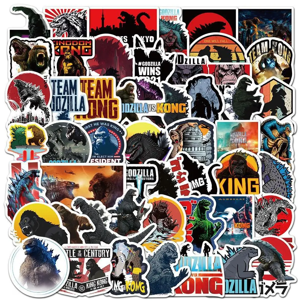 Pegatinas de Godzillas VS KingKongs para niños, 50 piezas, Anime, dinosaurio, orangután, figuras de acción, apliques, caja de equipaje, decoración,