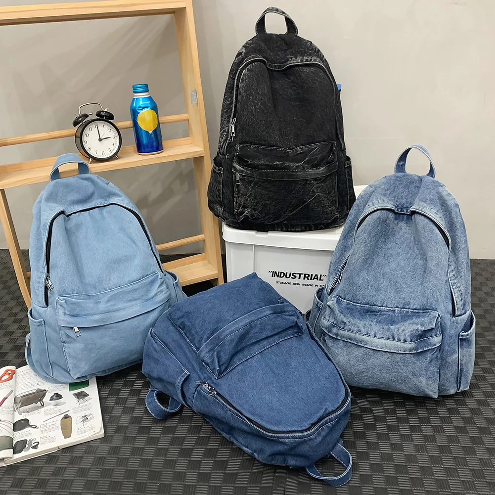 Shoulder Bag for Women Men Multi-pocket School Bag Denim Zipper Retro Rucksack Solid Daypack Travel Gym Bag