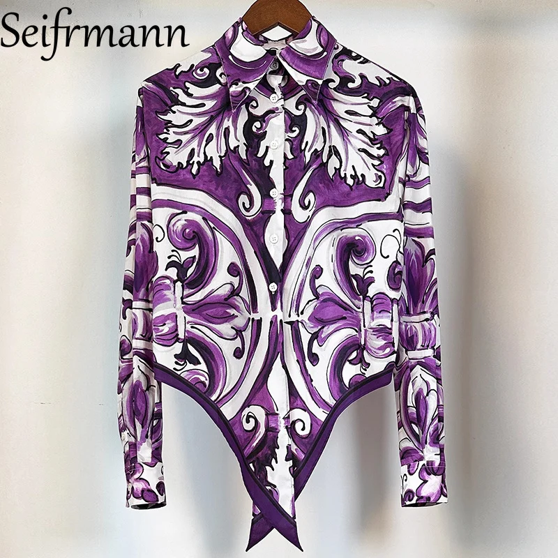 เสื้อผู้หญิงเซฟร์มันน์ เอลิแกนท์คอปกพับได้กระดุมแถวเดียวแขนยาวแฟชั่นพิมพ์ลายเสื้อผ้าฝ้าย