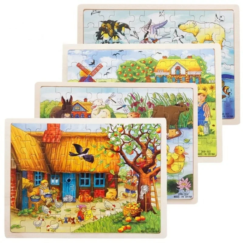 60pcs Cartoon Wooden Puzzles Animal Farm Insect Jigsaw Puzzle Montessori Educational Board Toys for Kids Baby Over 3 Years