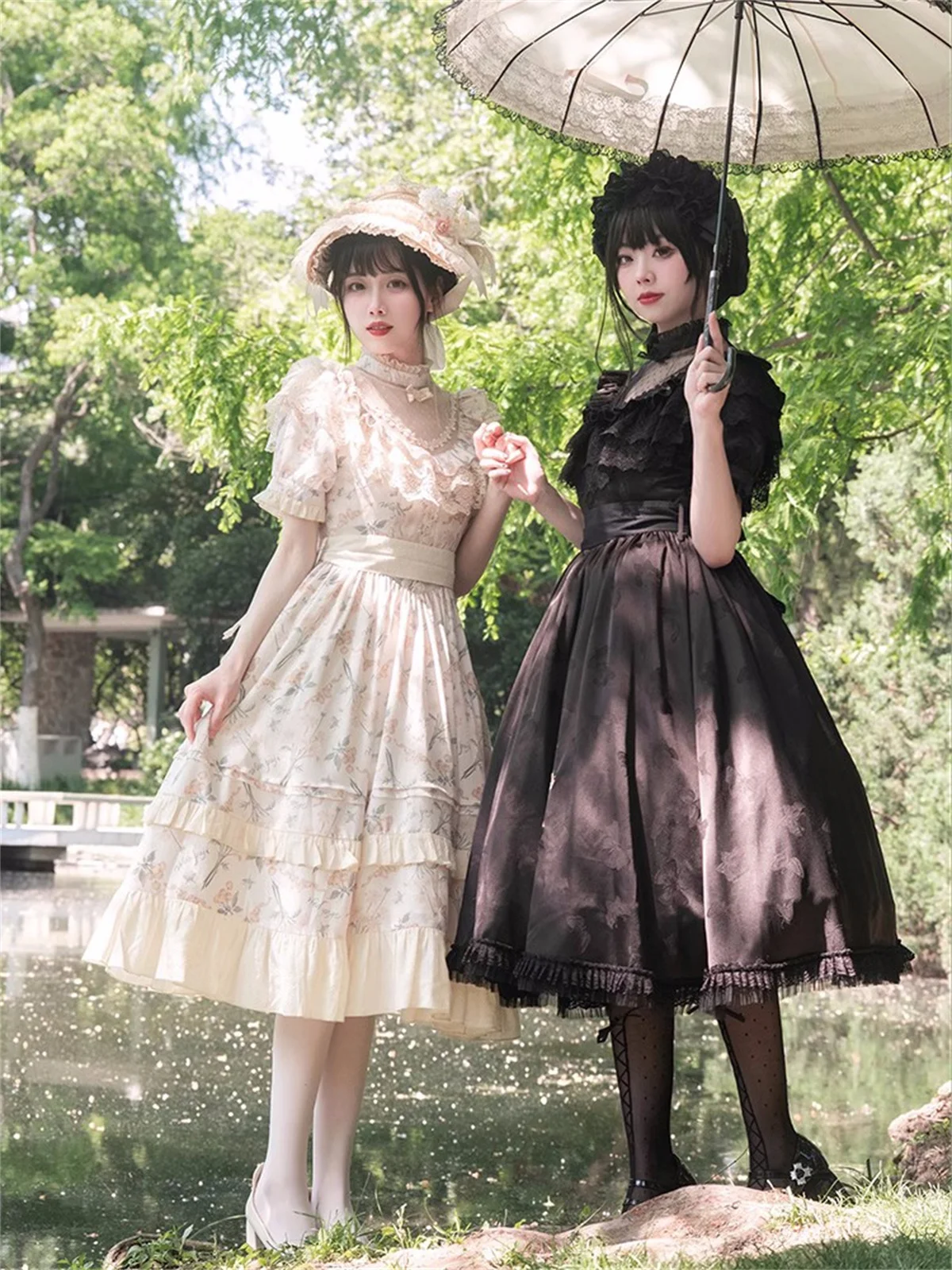 

French Vintage Idyllic Style Cosplay Gentle Girls Lolita Op Elegant Printing Flower Butterfly Lace Mesh Ruffle Tunic Dress