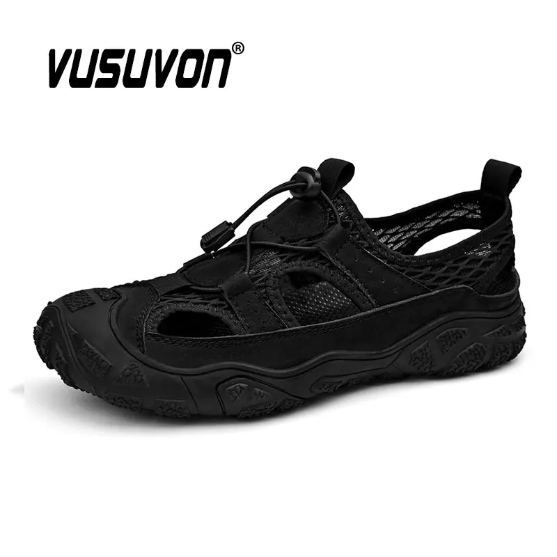 Hot Sale New Fashion Summer Leisure Water Beach Black Men Shoes High Quality Leather & Mesh Sandals The Big Size 38-46