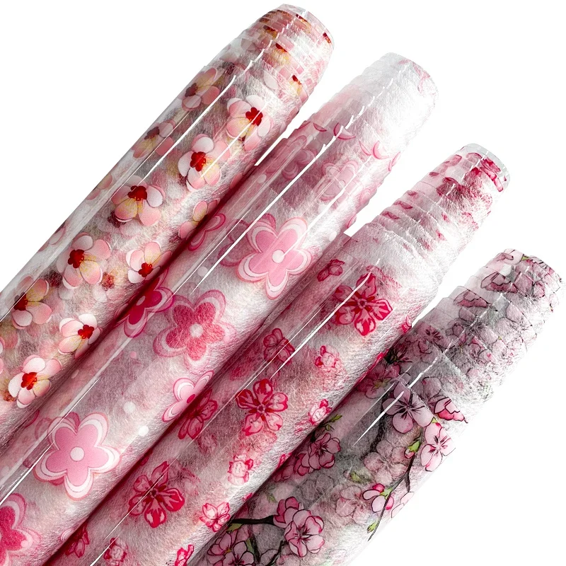 30x135cm 0.3mm Pink Flower Printed PVC Vinyl Beautiful Floral Pattern See Through Waterproof Vinyl Fabric for DIY Crafts Bags