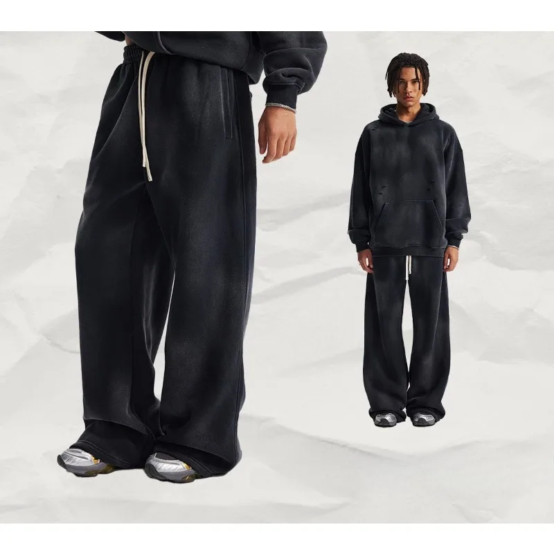 The New Autumn and Winter Collection of Spray-washed Aged Edge-trimmed Cubed Fleece Sweatshirts Pants Available Cross-border Use