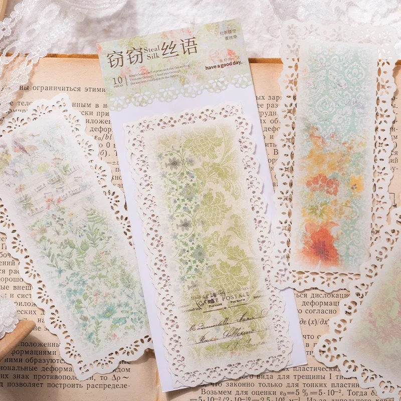 10 pcs whispering hollow flower mats art fashion pastin daily handbook handwritten message paper 6 kinds