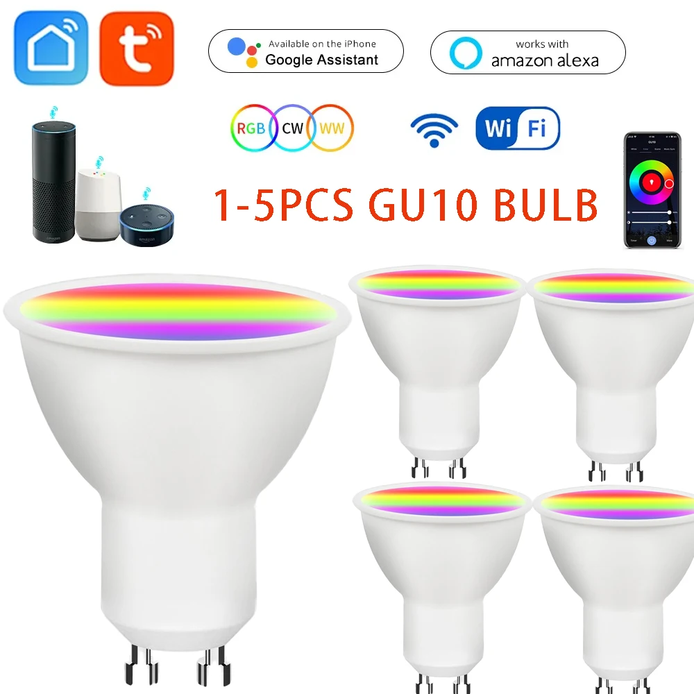 

1-5pcs Tuya WIFI Smart LED Bulbs GU10 220V 5W 7W 9W Dimmable Lamps Smart Life APP Control Light Bulb Work For Alexa Google