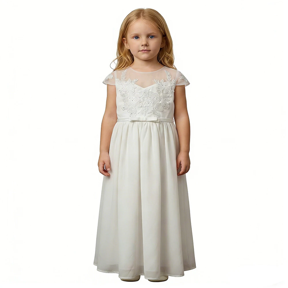 Boho Kids White Lace Chiffon Flower Girl Dress Cap Sleeve Princess Pageant Gown for Wedding Party First Communion Size 2-12Y