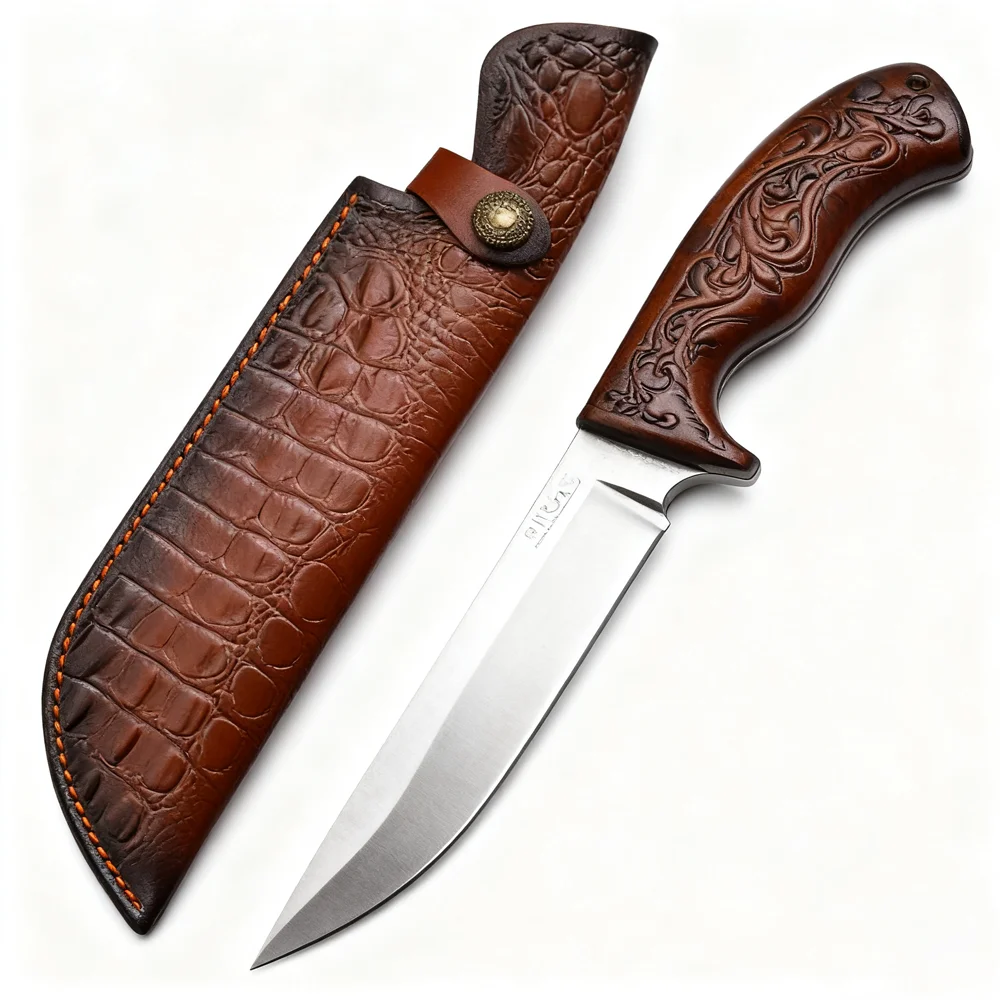 

Кемпинг Охота 35 см Тисненая воловья кожа Фиксированное лезвие Нож Ножны Пряжка ремня Второй слой Кожаная кобура