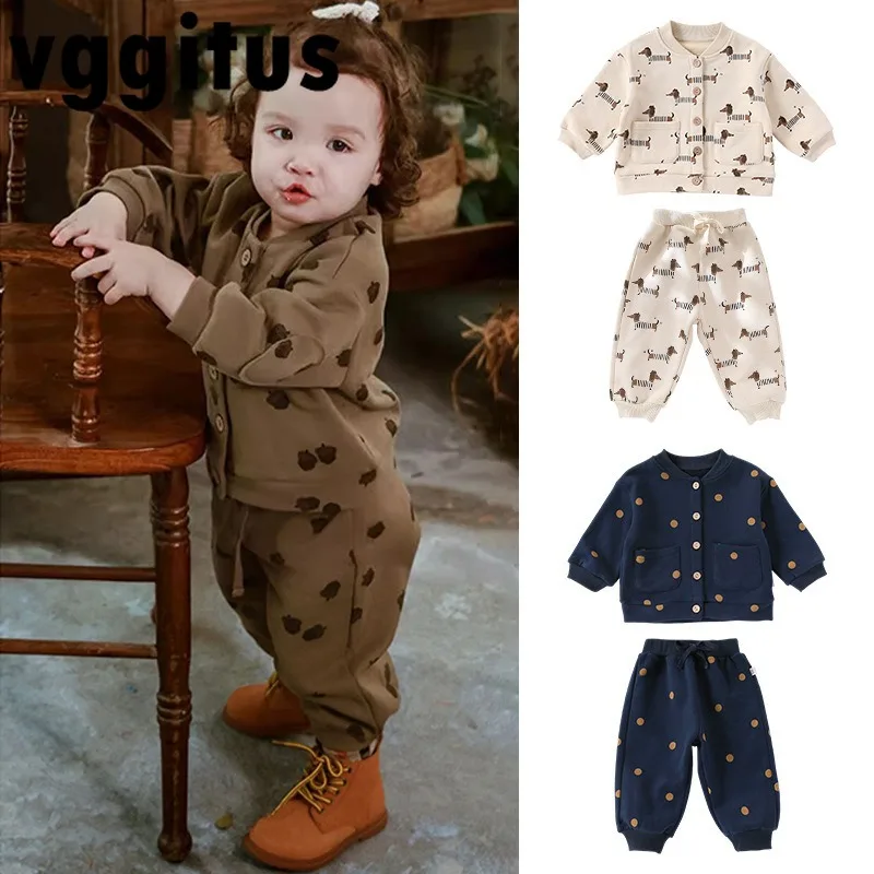 

Новые весенне-осенние комплекты для маленьких девочек и мальчиков, спортивный костюм с длинными рукавами и мультяшным принтом, топ в горошек для собаки и штаны, повседневная одежда для младенцев D4526