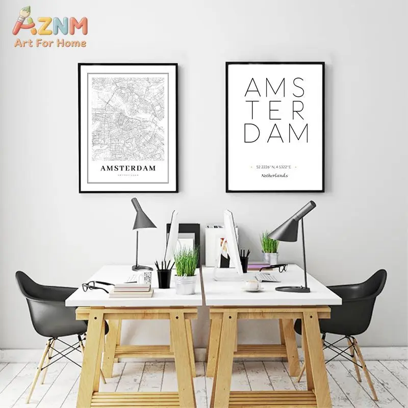 AZNM Amsterdam City Map Canvas Wall Art, Minimal Black White Typography Geography Coordinate Line Art Print, Home Office Decor U