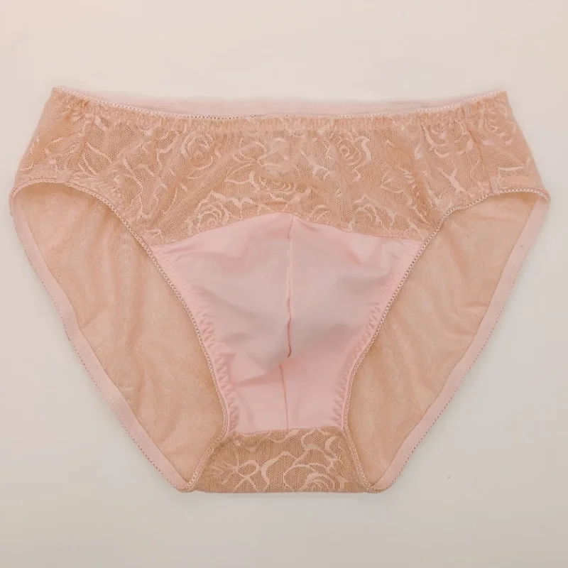 Man's Pink Mesh Lace Rose Pattern Sexy Comfortable Briefs mid Waist Convex Pouch Sissy Live Show Dance Costume Underwear