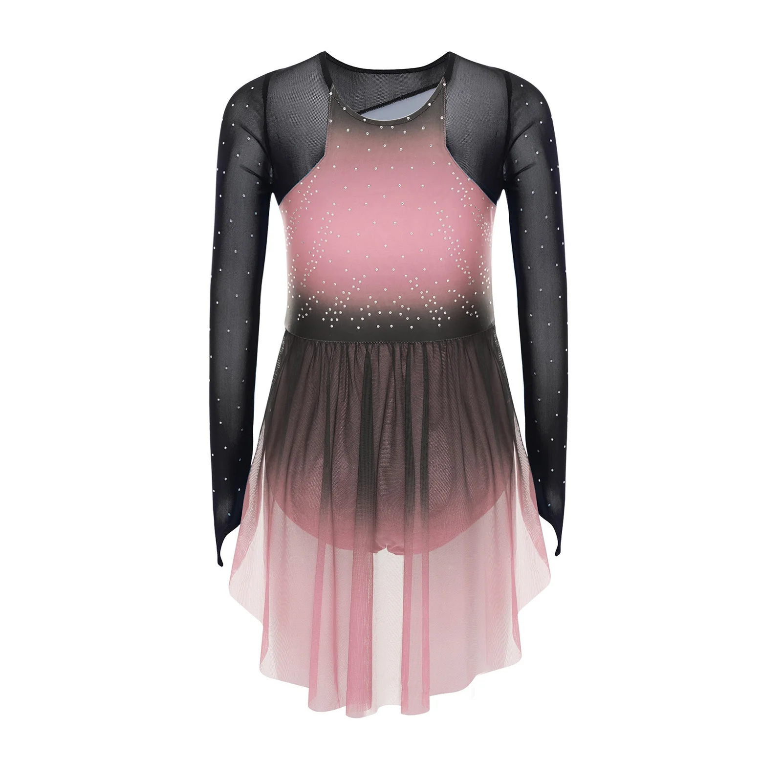 Robe de danse lyrique radieuse pour filles avec maille transparente et design de couleur dégradée, parfaite pour les spectacles de patinage artistique de ballet