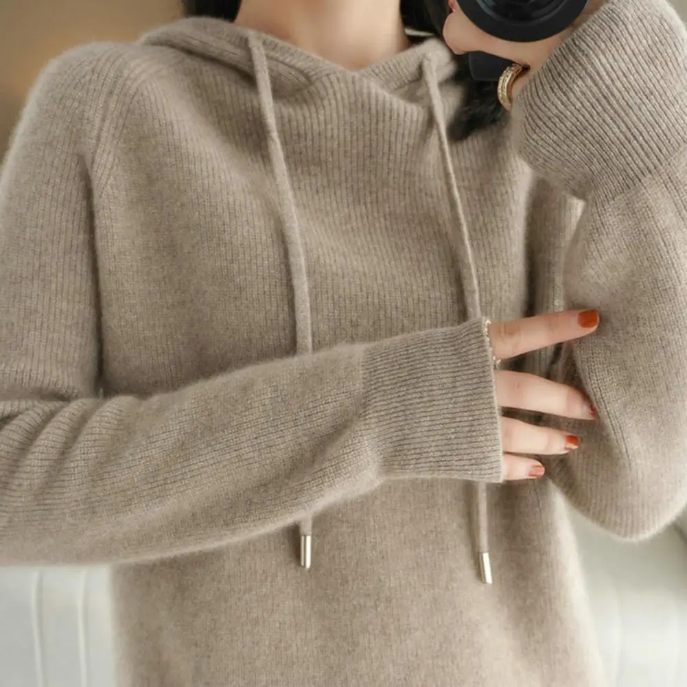 Loose Women Hoodie Drawstring Solid Color Long Sleeves Blouse Female Ladies Knit Sweatshirt Top Fall Winter