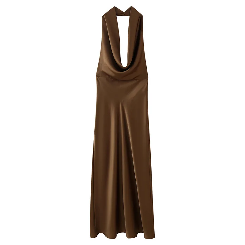 เดรสไหมซาตินแบบผูกคอ สไตล์ยุโรปและอเมริกา สำหรับฤดูร้อน รุ่นใหม่สำหรับผู้หญิง ความยาวปานกลาง