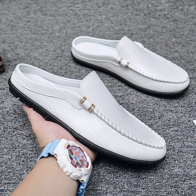 Half Men\'s Shoe Leather Male Slipper Slides Outdoor Mules Flat 2024 Fashion Adult Elegant Fun Mascullino Style Casual Trend Eva