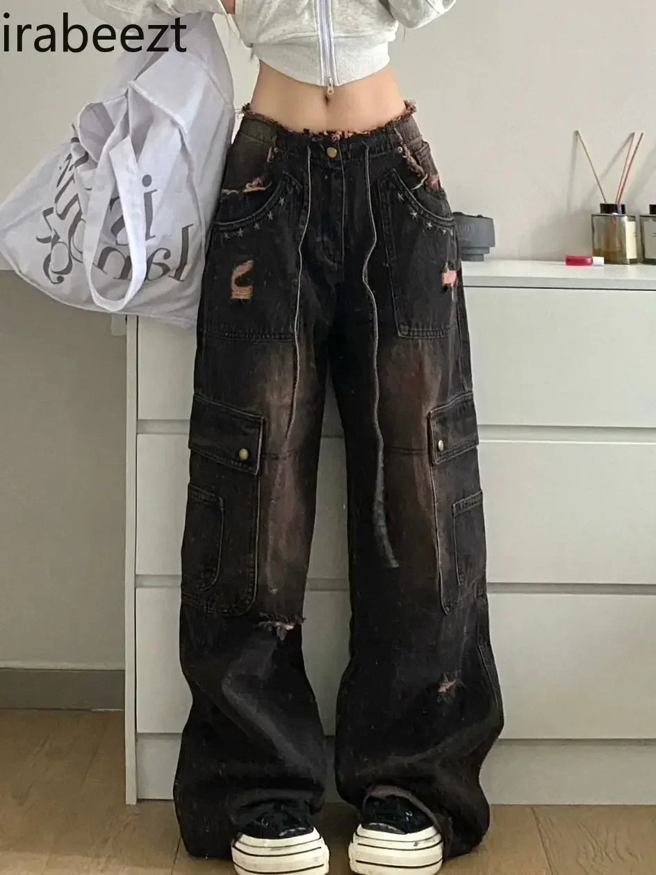 American Plus Size Vintage Washed Raw Edge Cargo Jeans Pocket Fashion High Street Straight Loose Fit Wide Leg Mop Long Pants