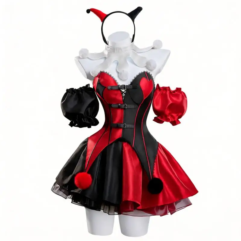 Halloween Gothic Lolita Clown Korsett-Kleid Damen Rot Schwarz Jester Cosplay Outfit Anime Expo Kostüm mit Stirnband