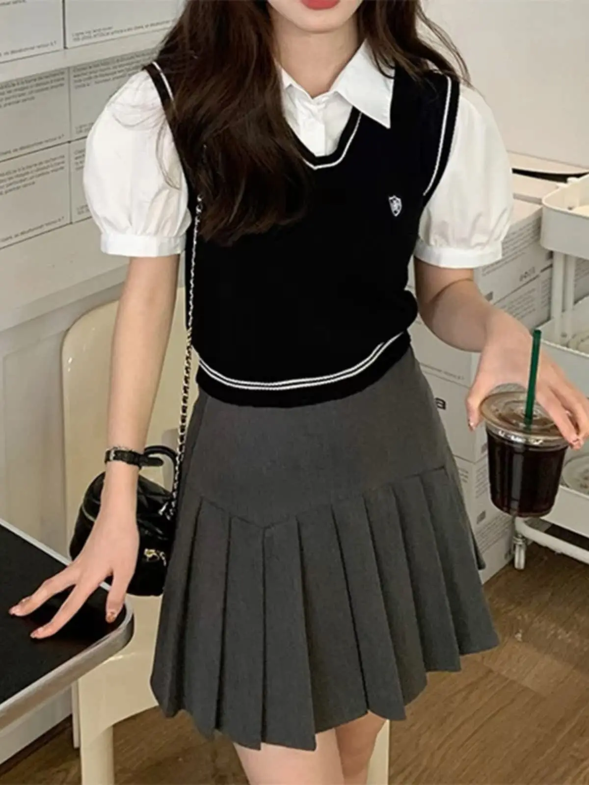 Doce sle malha irt feminino bolha sve ort sve acolchoado jaet falso duas peças verão topo faculdade sle