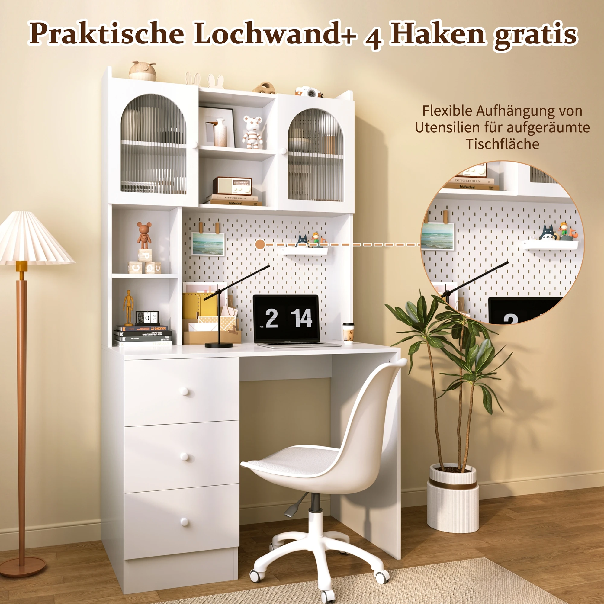 Bureau multifonctionnel moderne de 180 cm avec armoire intégrée et système de tableau d'affichage – Bureau d'écriture en MDF blanc de 100 cm de large avec 3 tiroirs, vitrines en verre et étagère pour bureau à domicile, salle d'étude ou chambre.