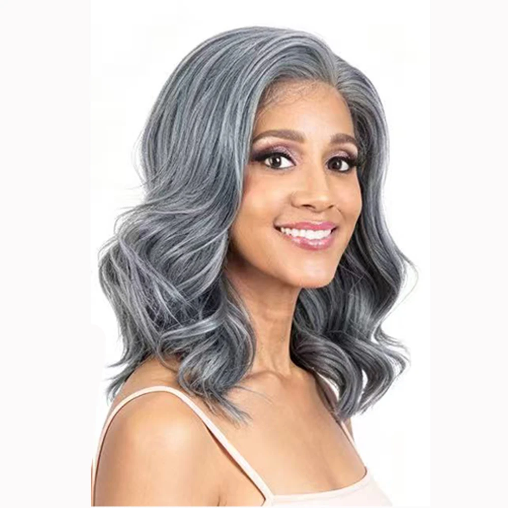Grey Mix White Wig for Women Short Wave 13x4 Lace Front Synthetic Hair Wigs Natural Salt and Pepper Daily Wear Cosplay Wig