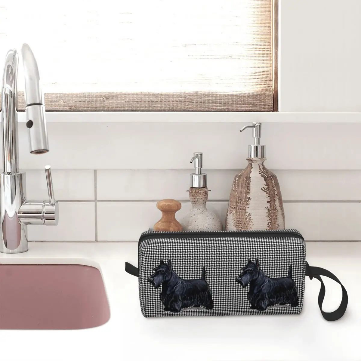 Scottish Terrier Houndstooth Cosmetic Bag Women Kawaii Big Capacity Pet Scottie Dog Makeup Case Beauty Storage Toiletry Bags