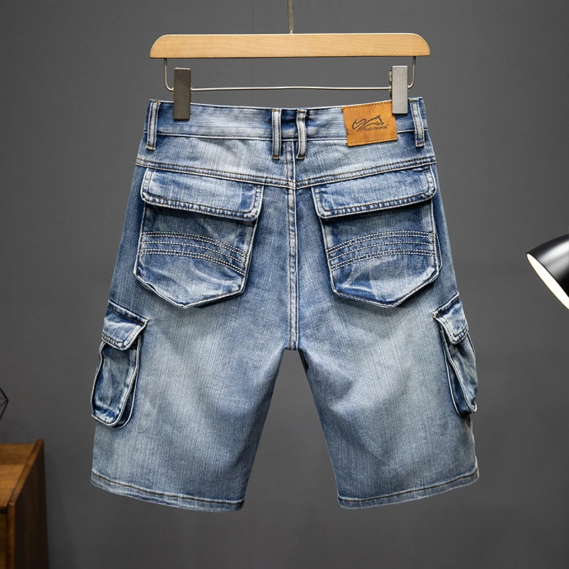 High -quality American retro workers elastic denim shorts Baggy Jeans loose large -size straight pants high street pants