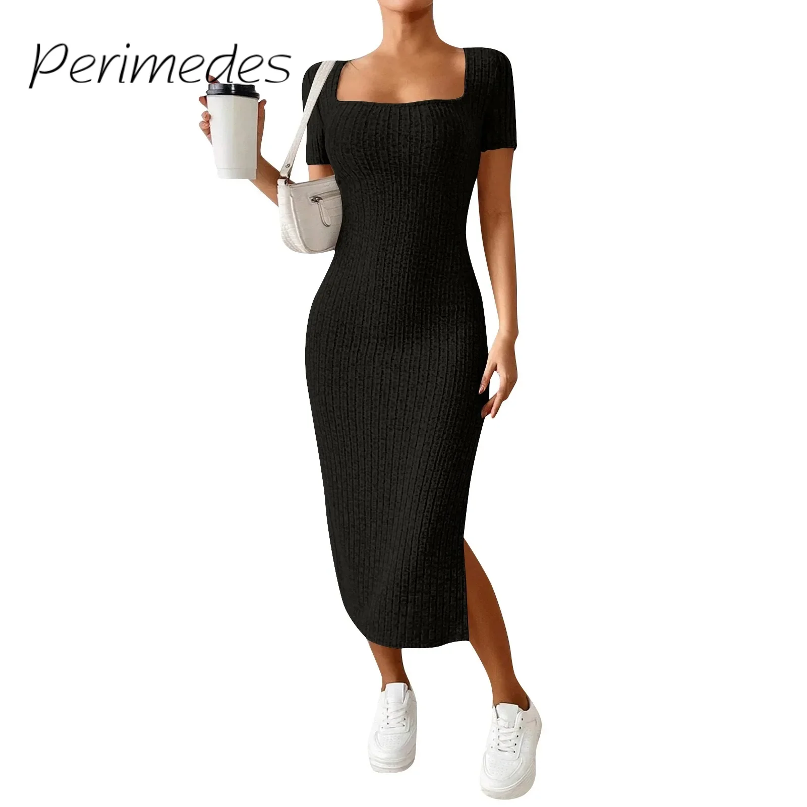 

Women'S 2024 New Dress French Stylish Sexy Eye-Catching Summer Dress Square Neck Short Sleeve Side Slit Dress Fashion Vestidos