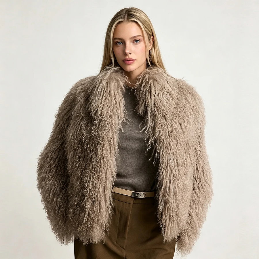 Damen Mongolische Pelzmäntel Lammfellmantel Meistverkaufte Echte Schaffellmäntel für Frauen Kurze Pelzjacke