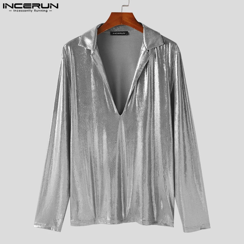 Fashion Party Shows Style Tops INCERUN Men\'s Large V-neck Glossy Fabric Shirts Casual Clubwear Male Long Sleeved Camiseta S-5XL