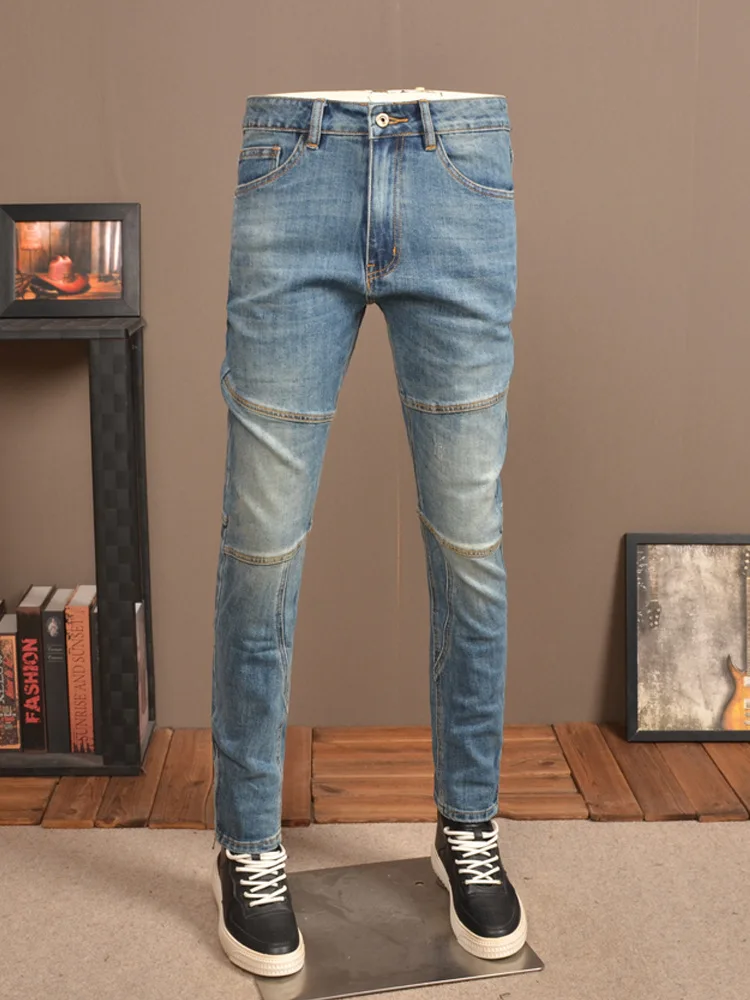 Spring and Autumn Stitching Jeans Men's 2024 New Fashion Stretch Slim High-End Machine Car Style Leisure Washed-out Men's Pants