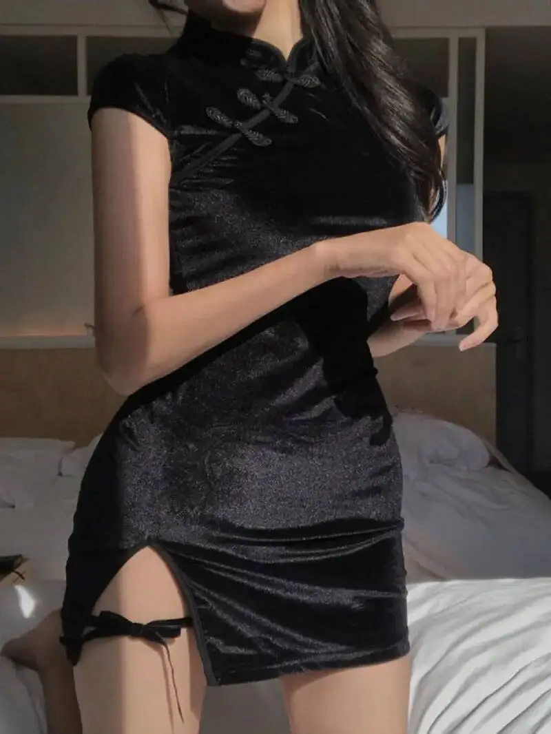 エレガントな黒の半袖ボタンセクシーなドレス女性カジュアルショッピング写真新しいチャイナドレスタイトなファッション夏 2025 女性 P4AQ