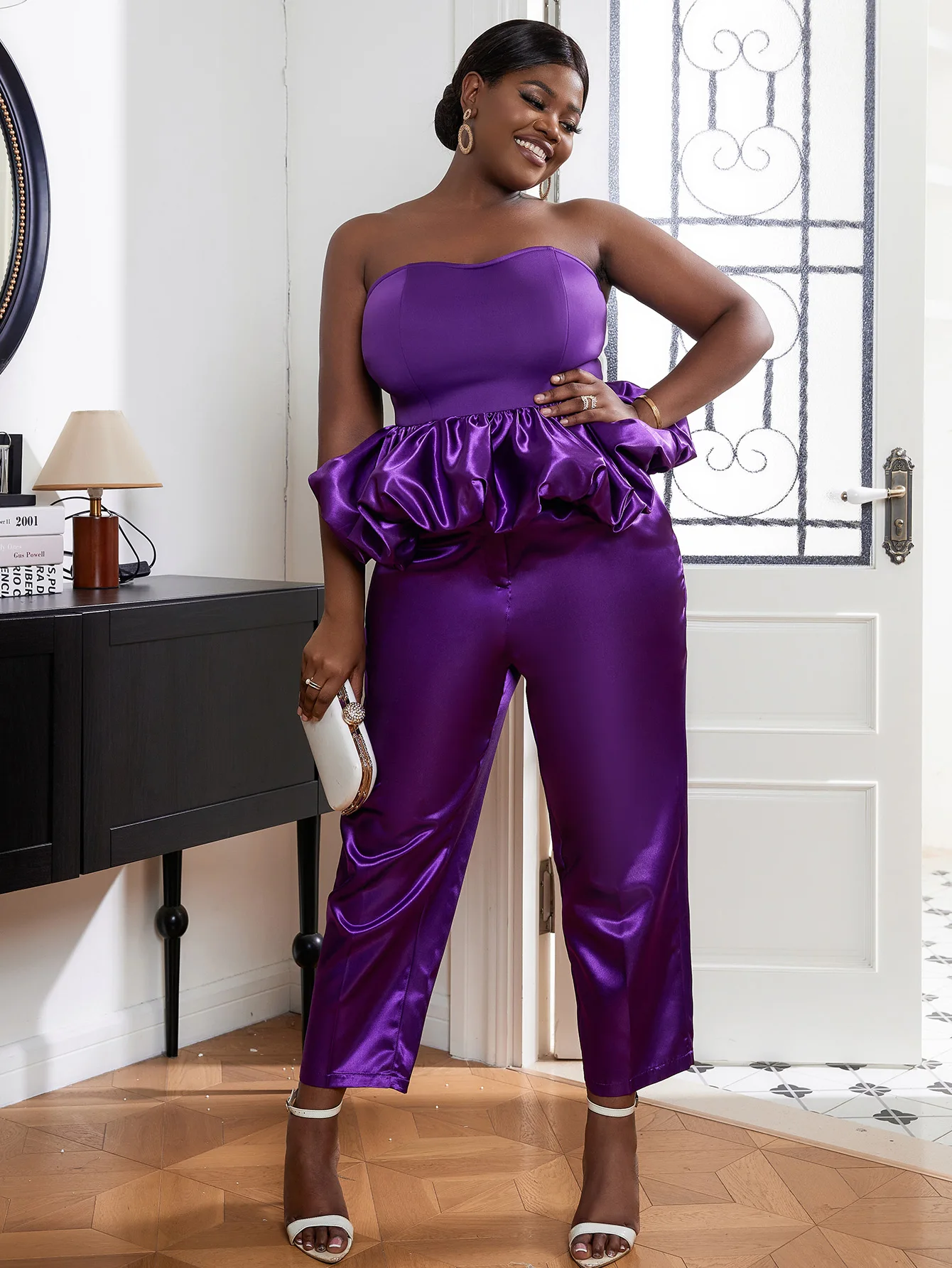 Stylish Matching 2 Piece Sets for Women Purple Puffy Ruffle Hem Tube Tops Satin Cropped Pants with Pockets Trend Trouser Set 4XL