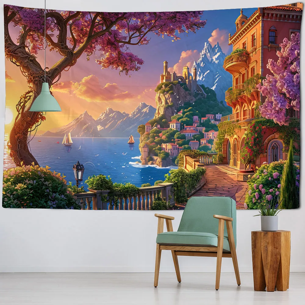 Beautiful seaside scenery tapestry wall hanging dreamy castle tapestry home bedroom hanging cloth, beach picnic mat yoga sheets