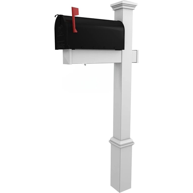 Black Metal Mailbox with White Vinyl Post Combo Complete System