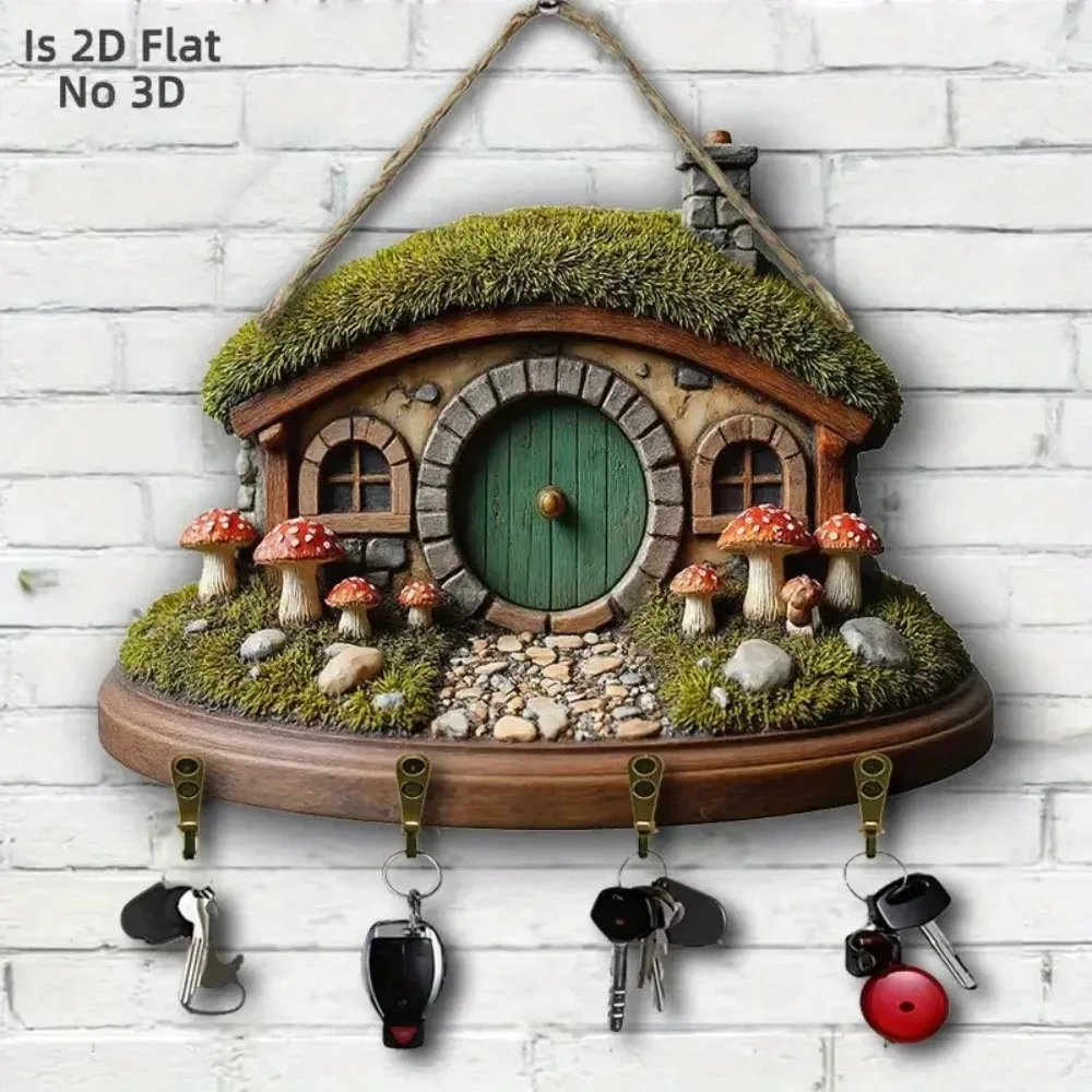 2D Mini Hobbit Cottage, Wooden Multifunctional Keyhook, Suitable for Home, Living Room, Room, Porch, Villa, Seasonal Decoration