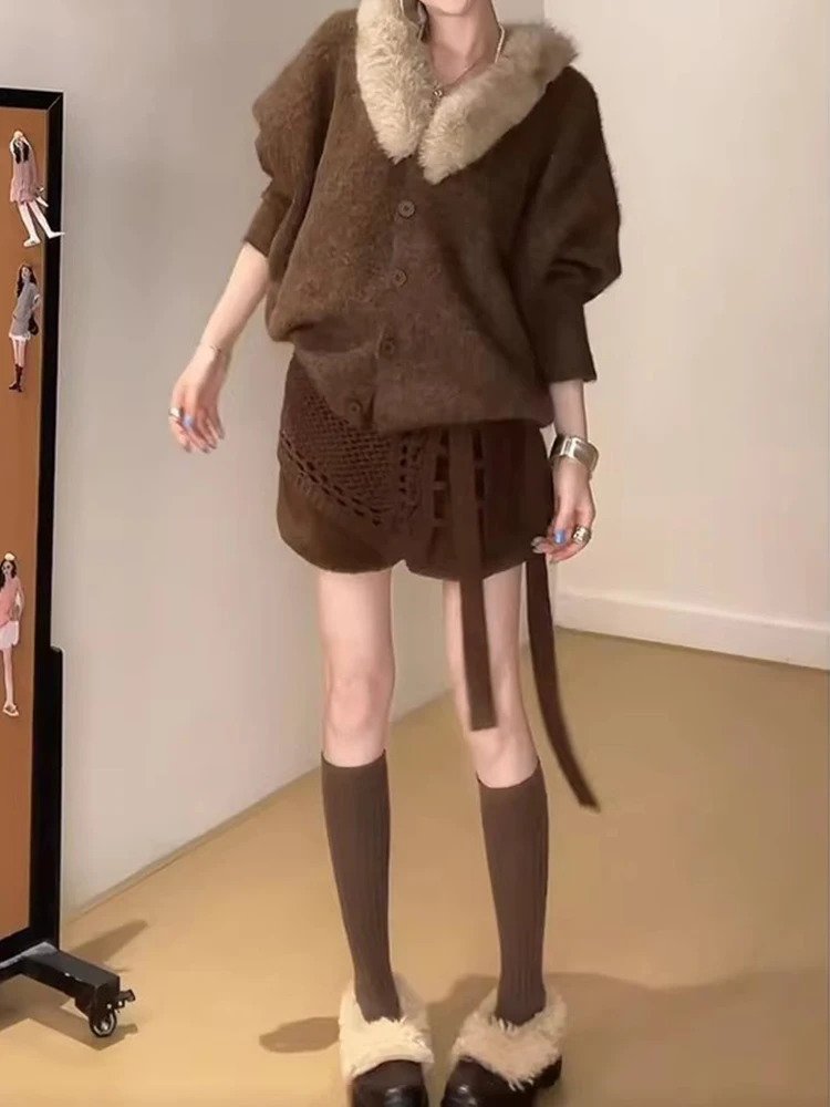 

Женский коричневый вязаный открытый кардиган с пышным воротником, свободный крой, зимняя мода, повседневное теплое длинное све, полиэфирное волокно