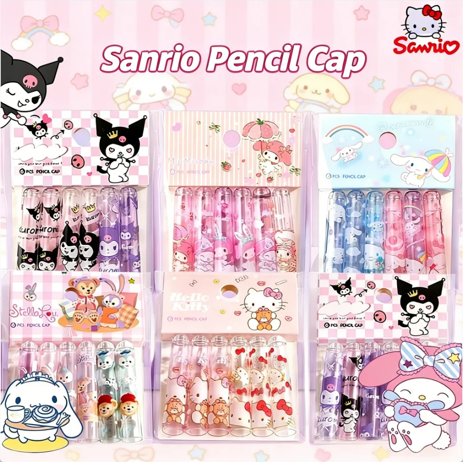 Sanrio – fournitures de papeterie de dessin animé Hello Kitty Cinnamoroll Kuromi Melody, 6 pièces/ensemble, fournitures de papeterie pour la rentrée scolaire, bouchons de stylos d'écriture