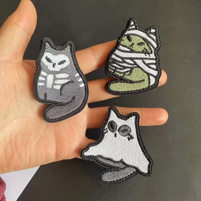 Luminous Ghost Cat,Cartoon Fabric Stickers Embroidery Hook and Loop Patches Glow in Dark Tactical Badge For Backpack,Clothing