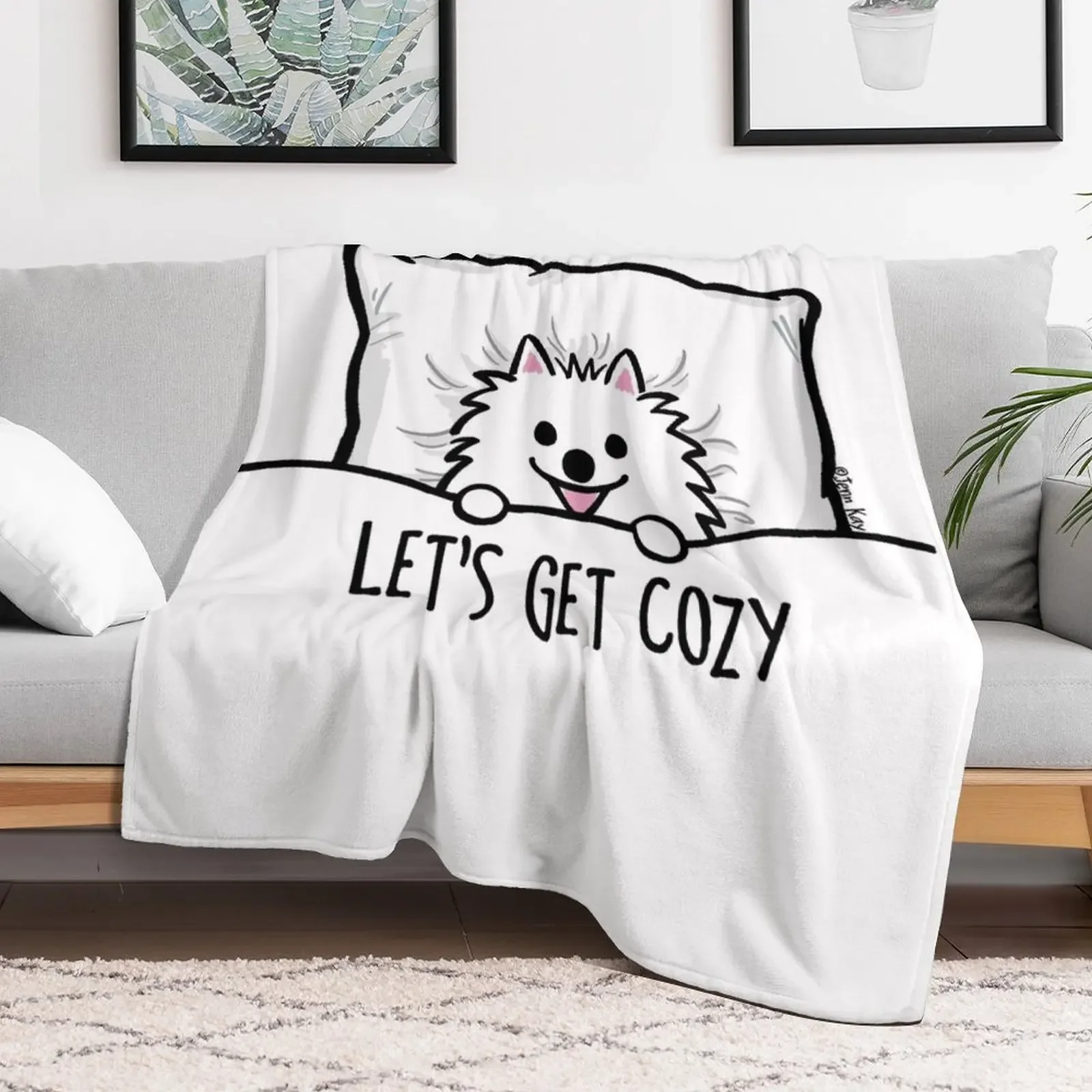 White Pomeranian Tucked into Bed Cute Pom Cartoon Dog Throw Blanket Thins christmas gifts Blankets