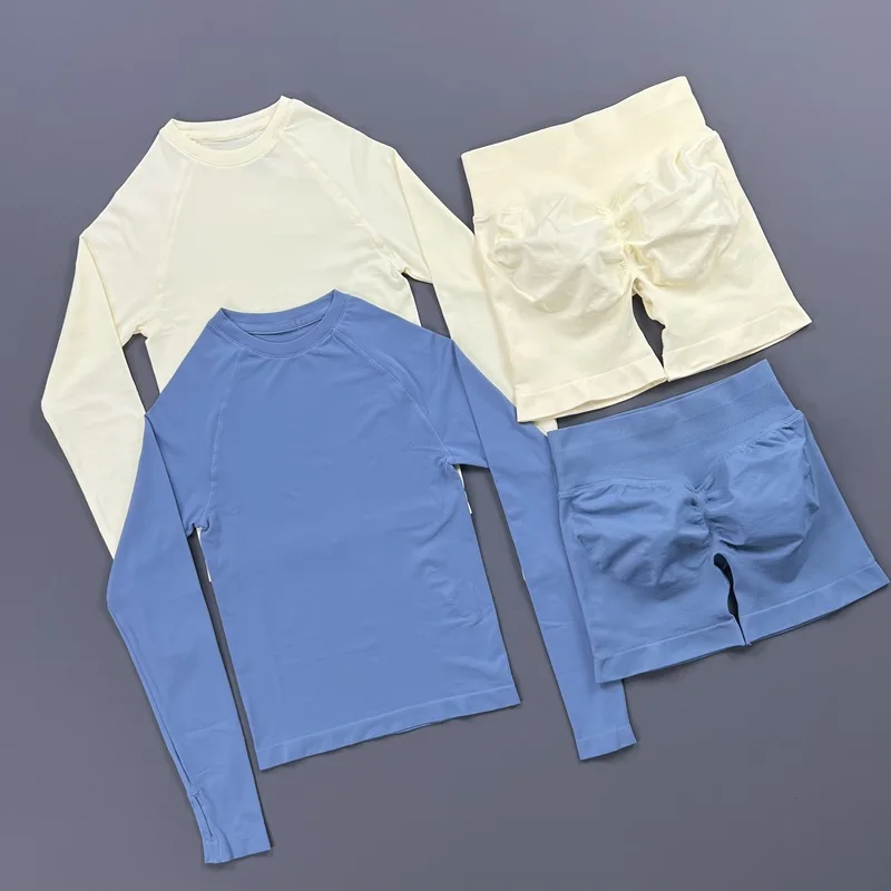 HISTELLO Ensemble de sport 2 pièces pour femme, haut à manches longues et short, vêtements de fitness légers, tenue de sport pour Pilates et yoga