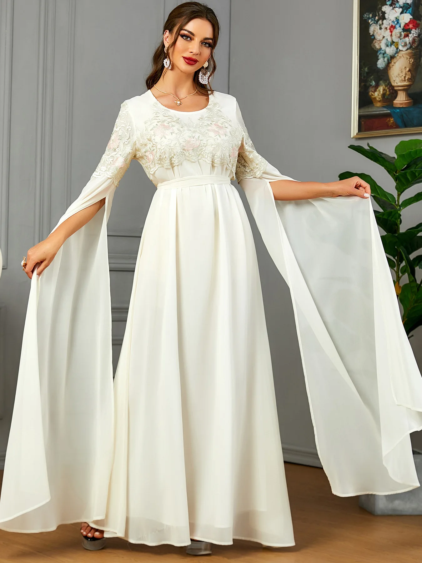 Elegant Casual Super Long Sleeve Party Gown Moroccan Saudi Embroidery Belted Dresses Turkish African Abayas Arab Kaftan Ramadan