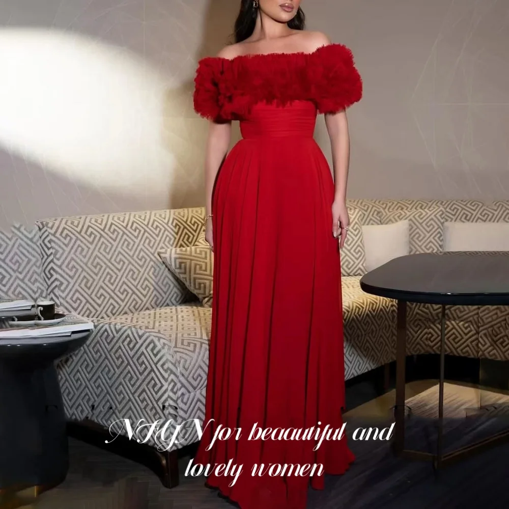 

NFYN Simple Red Stain Prom Dresses with Pleats Off the Shoulder vestidos de noche Beach Ruched Evening Dresses Gown Customized