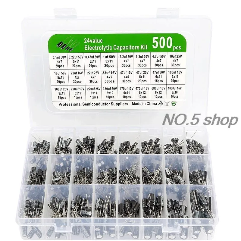 

500Pcs 24 Specifications (0.1uF-1000uF)10/16/25/50V Plug In Aluminum Electrolytic Capacitor Suit Box