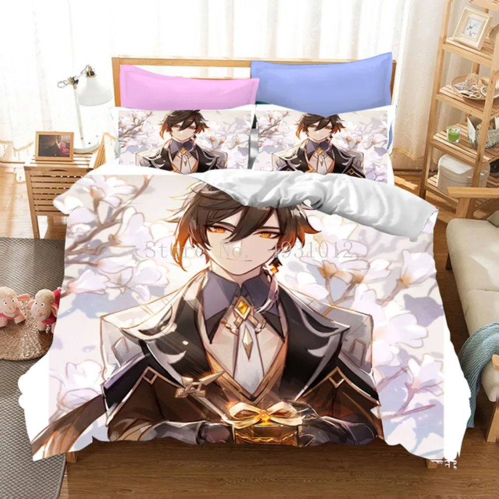 Game Genshin Impact Bedding Sets Quilt Bed Cover Duvet Cover Pillow Case 3 Pieces Sets Kids Adult Size Bedclothes