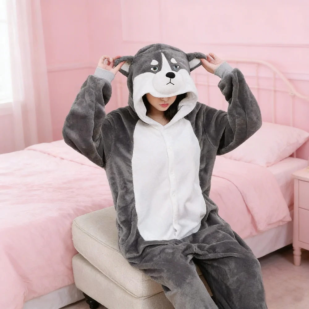 

Серо-черный комбинезон-кигуруми «Хаски» для взрослых, унисекс, женский, фланелевый, с капюшоном, для косплея, пижама, для вечеринок в стиле аниме