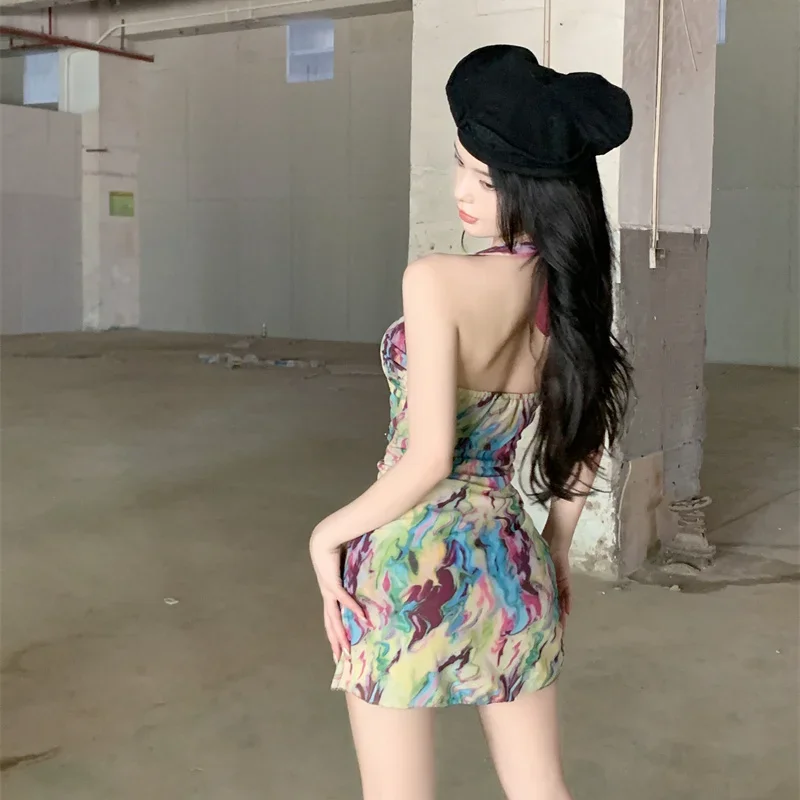 여성용 민소매 드레스, Y2k 레트로 타이 다이, 섹시 핫 스위트 여성 휴가 선드레스, 패션 백리스 시크 여름 미니 드레스