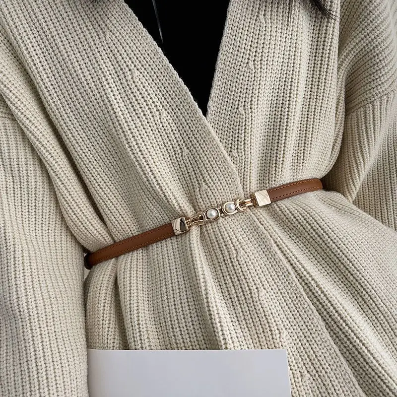 New Pearl Buckle Thin Women Belt PU Leather Elegant Adjustable Wild Waistbands For Female Lady Dress Skirt Decorative Straps