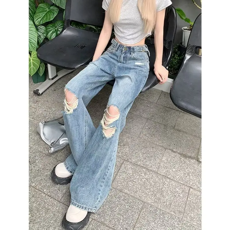 Y2K American Women Retro Straight Jeans with Holes Slim Waist Loose Wide-Leg Pants Fashion Stretch Design